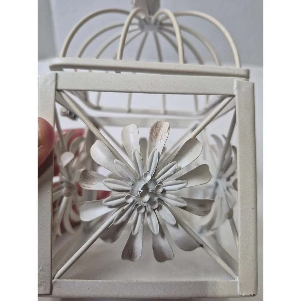 Vintage Shabby Chic White Metal Birdcage Lantern Floral Tea Light Holder 6.5in